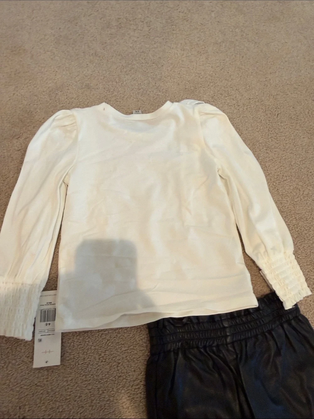Habitual Cream Ruffle-Smock Long Sleeve Top and Black Faux Leather Pants